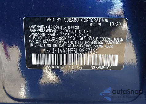 2020 Subaru Wrx Limited из США, поврежденный, VIN JF1VA1H66L9827492